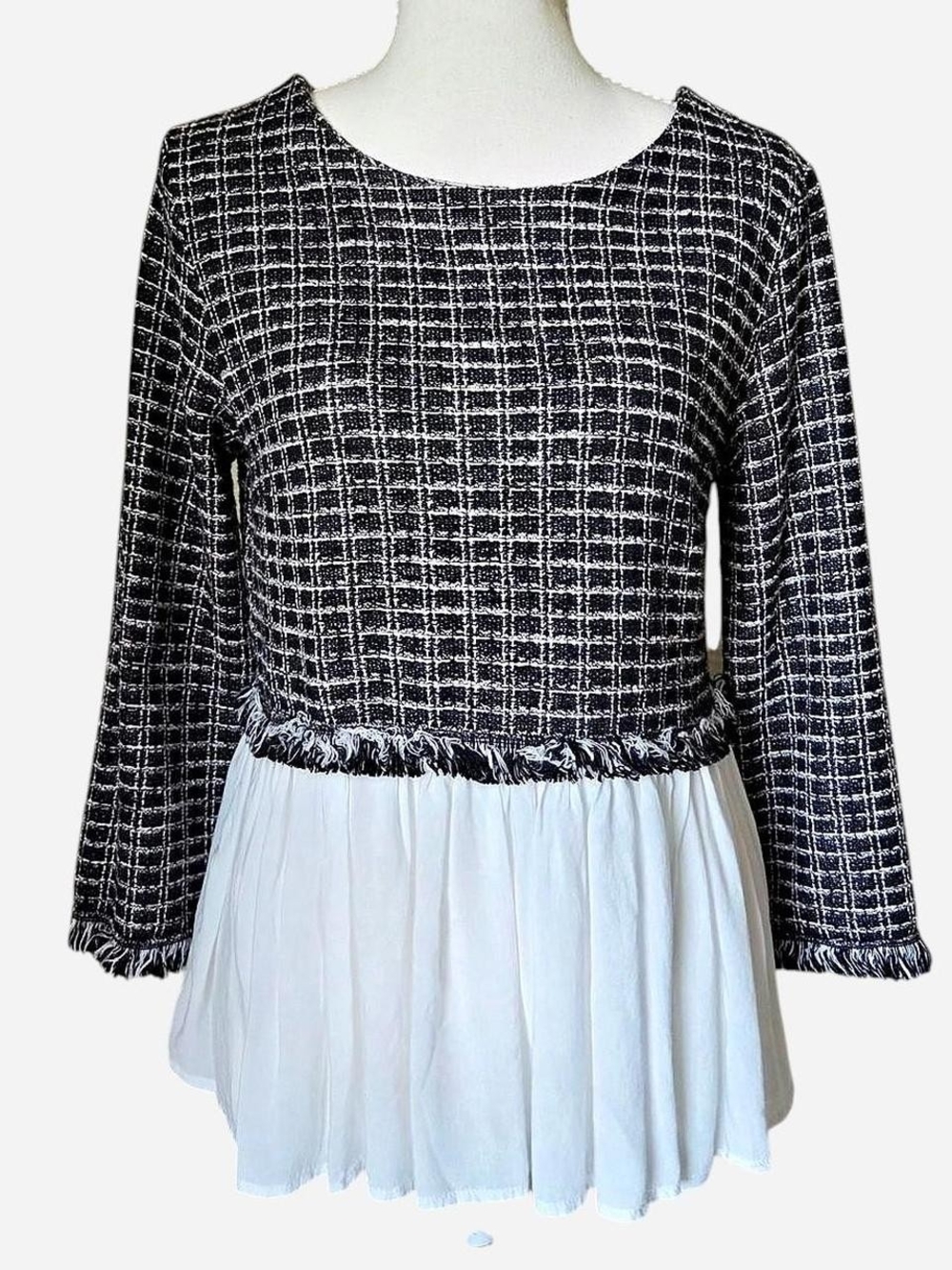 Maeve Tweed Twofer Peplum Top Pleated Fringe Black White size XS